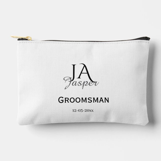 Monogram personalised groomsman best man name date accessory pouch (Front)