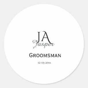 Monogram personalised groomsman best man name date classic round sticker