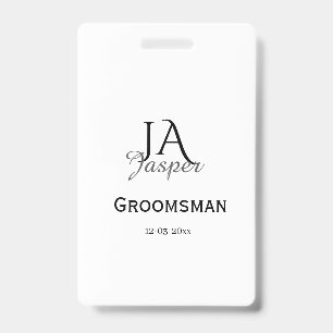 Monogram personalised groomsman best man name date ID badge