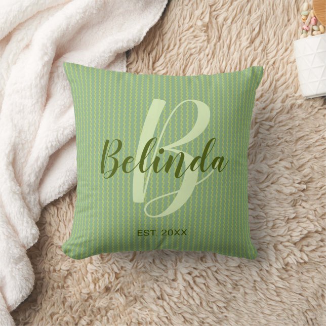 Monogram Personalised Initial Green Stripes Cushion (Blanket)