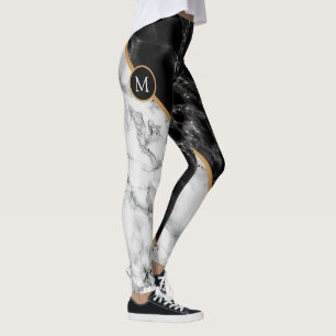 Monogram Personalised Leggings Black White Marble