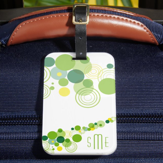 Monogram Personalised Modern Green Circle Pattern Luggage Tag (Front Insitu 2)