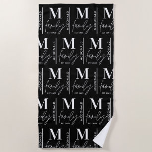 Monogram personalised modern minimal black family beach towel