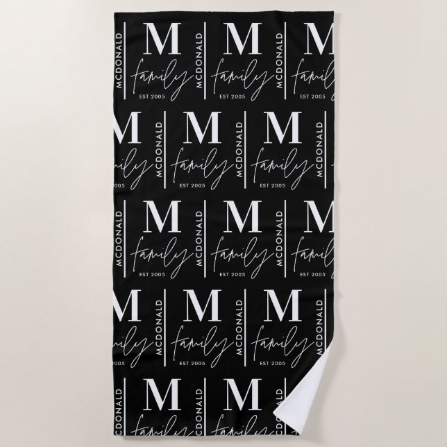 Monogram personalised modern minimal black family beach towel (Front)