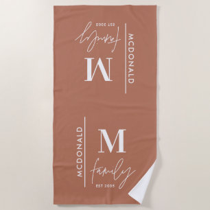 Monogram personalised modern minimal rust family beach towel