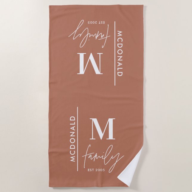 Monogram personalised modern minimal rust family beach towel (Front)