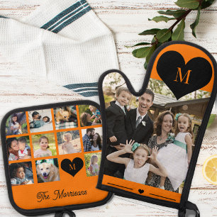 Monogram personalised modern multi photo collage oven mitt & pot holder set