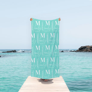 Monogram personalised modern turquoise family beach towel