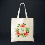Monogram Personalised Peach Watercolor Floral Tote Bag<br><div class="desc">Peach to coral roses and leaves behind your name and initial, this tote bag is made of 100% natural material, ready to customise for the perfect gift or casual accessory. Versatile, trendy, and durable, a custom tote means you'll always look fashionable! Dimensions: 15.75" long x 15.25" wide. Also available with...</div>