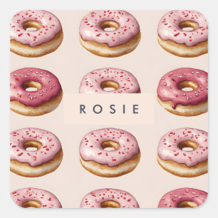 Monogram Personalised Pink Doughnut Pattern Square Sticker