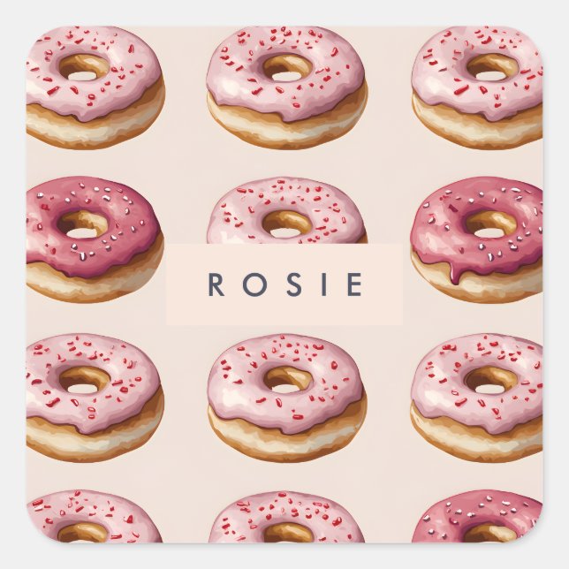 Monogram Personalised Pink Doughnut Pattern Square Sticker (Front)