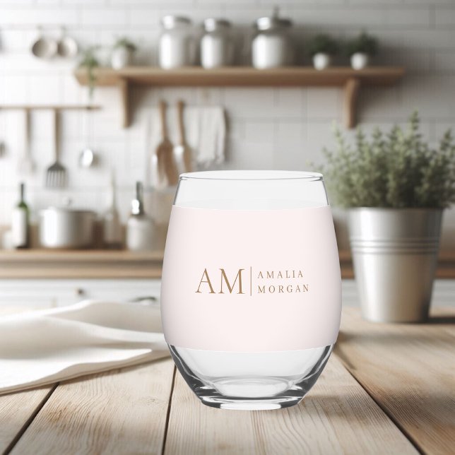 Monogram Personalised Pink Initial And Name  Stemless Wine Glass (Creator Uploaded)