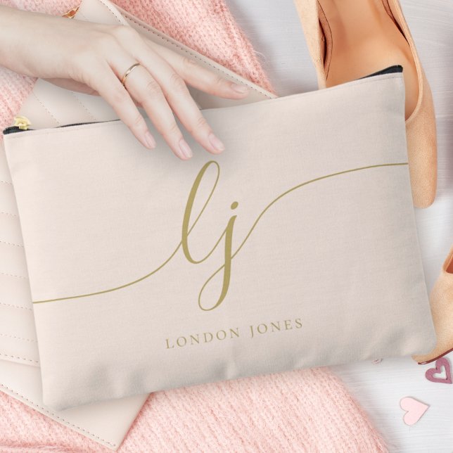 Monogram Personalised Pink Initial Name Pink Gold Accessory Pouch (Creator Uploaded)