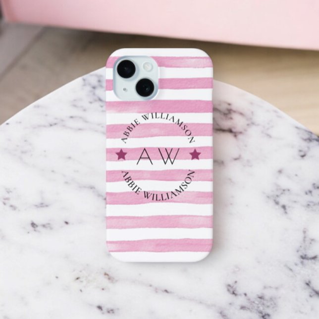 monogram personalised pink stripes  Case-Mate iPhone case (modern strips monogram phone case )