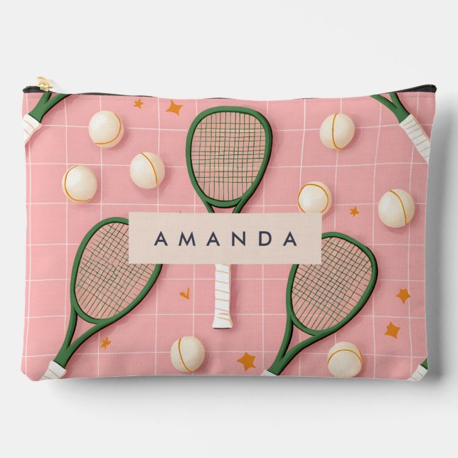 Monogram Personalised Retro Tennis Racket Pattern Accessory Pouch (Front)