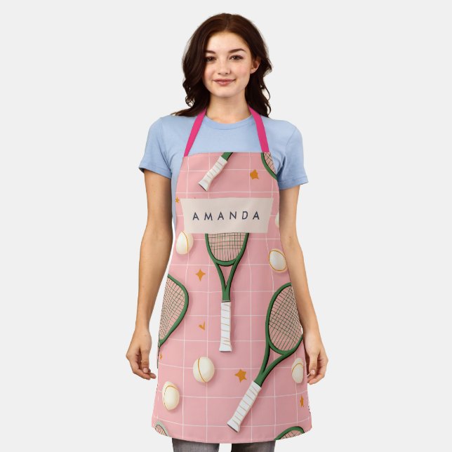 Monogram Personalised Retro Tennis Racket Pattern Apron (Worn)