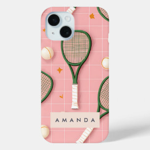 Monogram Personalised Retro Tennis Racket Pattern iPhone 15 Case