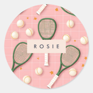 Monogram Personalised Retro Tennis Racket Pattern Classic Round Sticker