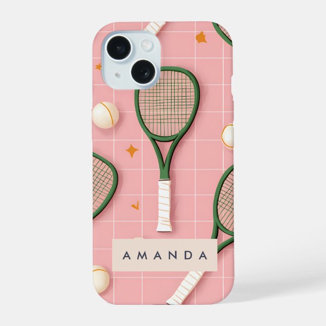 Monogram Personalised Retro Tennis Racket Pattern iPhone 15 Case (Back)