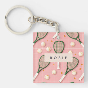 Monogram Personalised Retro Tennis Racket Pattern Key Ring