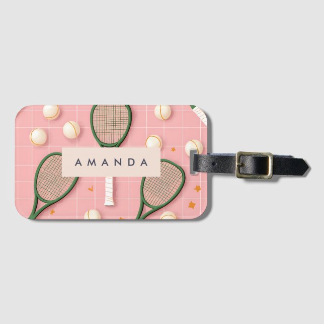 Monogram Personalised Retro Tennis Racket Pattern Luggage Tag (Front Horizontal)
