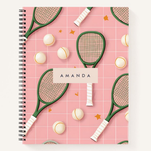 Monogram Personalised Retro Tennis Racket Pattern Notebook (Front)
