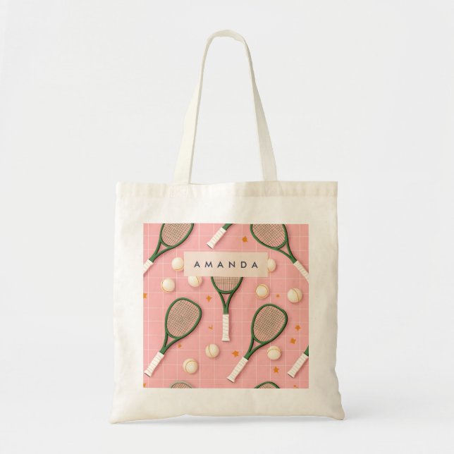 Monogram Personalised Retro Tennis Racket Pattern Tote Bag (Front)