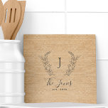 Monogram personalised rustic kitchen family name ceramic tile<br><div class="desc">Custom laurel monogrammed family name and established year elegant chic rustic country farmhouse style ochre beige burlap template tile.         A modern keepsake gift or kitchen decor for weddings,  anniversaries,  housewarmings,  Thanksgiving,  Christmas,  or any other occasion.</div>