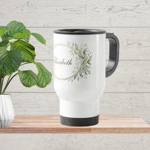 Monogram Personalised Sage Green Botanical  Travel Mug