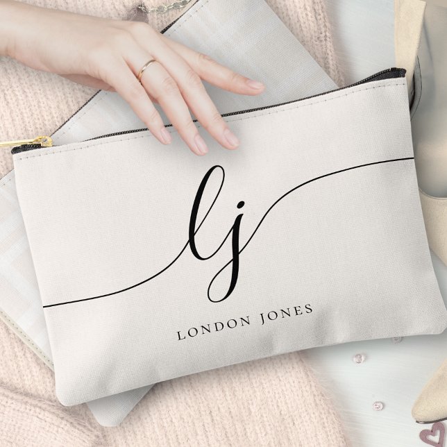 Monogram Personalised Script Initial Name Plaid Accessory Pouch (Creator Uploaded)