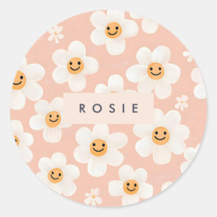 Monogram Personalised Smile Daisy Floral Pattern Classic Round Sticker