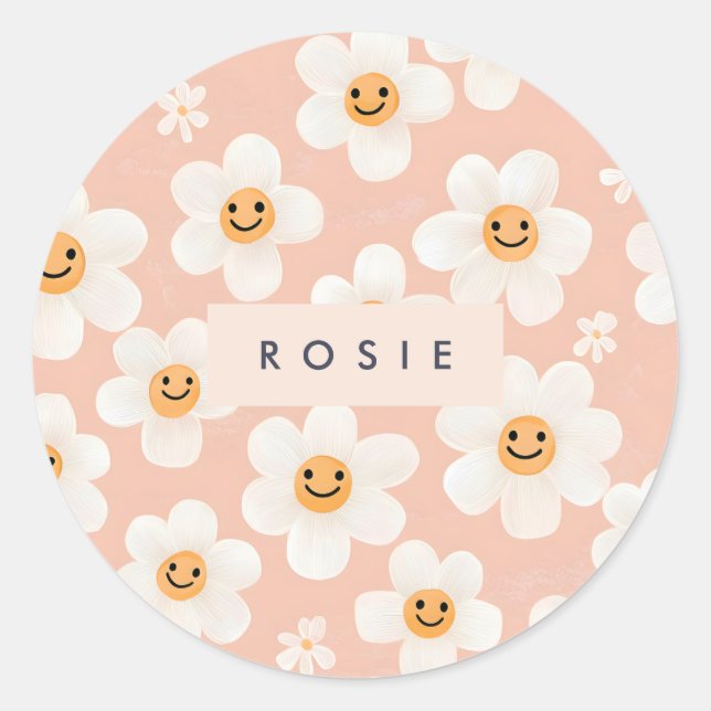 Monogram Personalised Smile Daisy Floral Pattern Classic Round Sticker (Front)