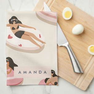 Monogram Personalised Summer Pool Float Pattern  Tea Towel