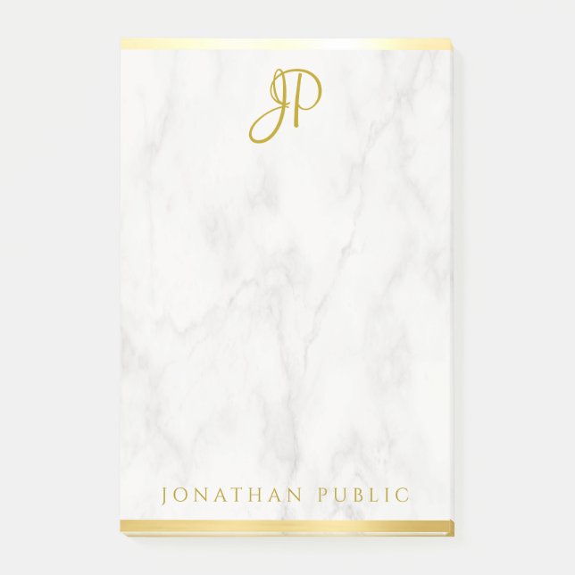 Monogram Personalised Template White Marble Gold Post-it Notes (Front)