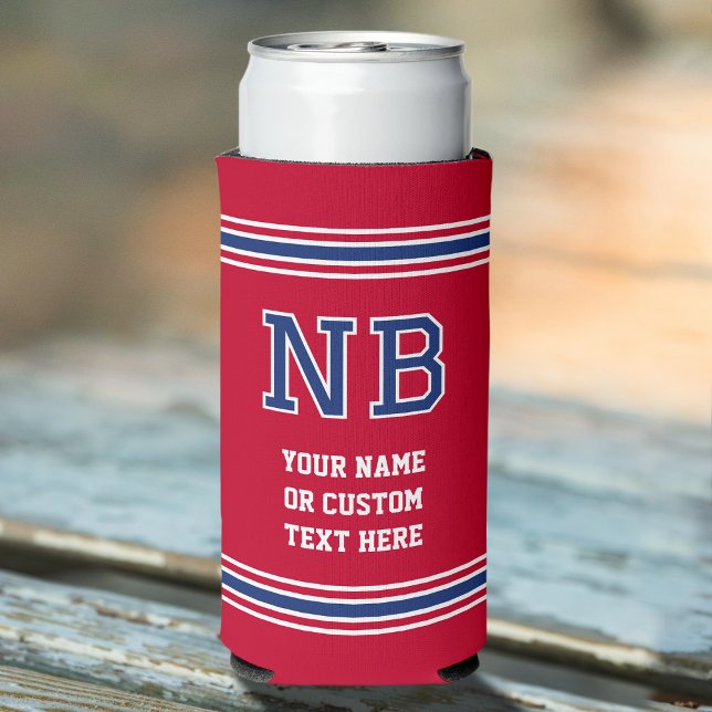 Monogram Personalised Text Crimson Navy White Seltzer Can Cooler (Creator Uploaded)