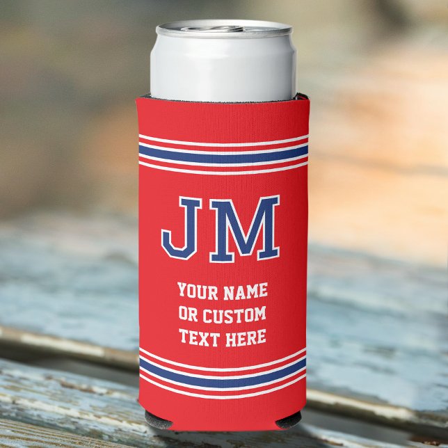Monogram Personalised Text Red Navy Blue White Seltzer Can Cooler (Creator Uploaded)