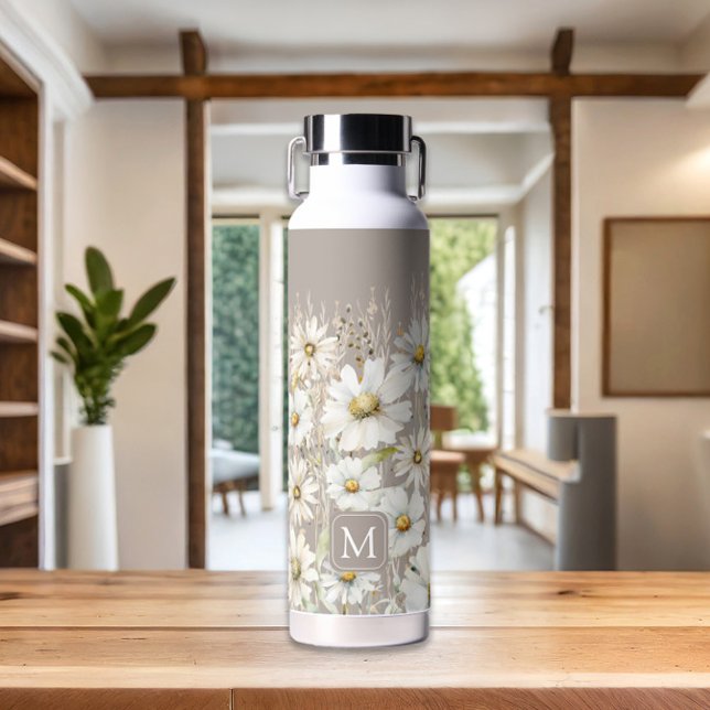 Monogram Personalised Wildflower Floral Water Bottle (Personalized Monogrammed Floral Pattern Beige Water Bottle by MINTIC DESIGN STUDIO)