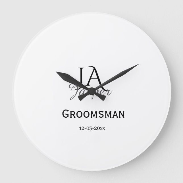 Monogram personalized groomsman best man name date large clock (Front)