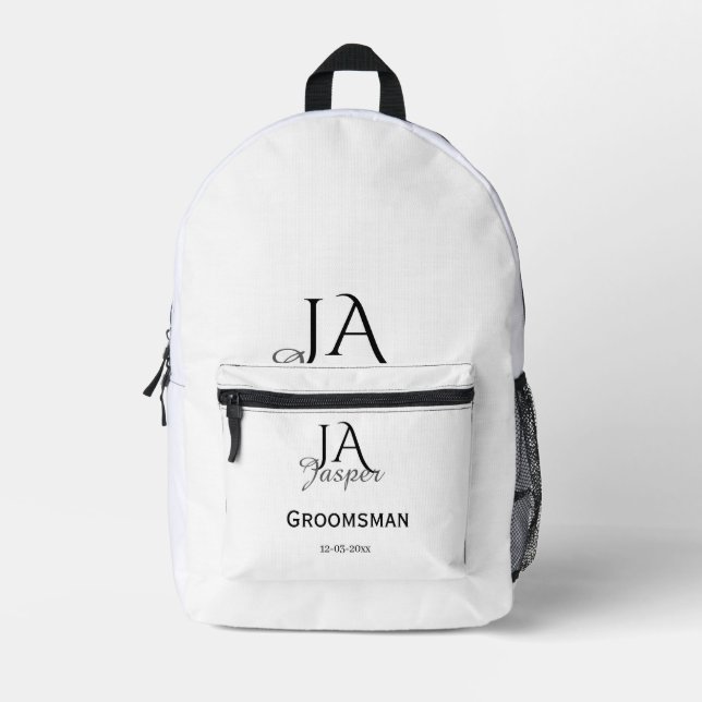 Monogram personalized groomsman best man name date printed backpack (Front)