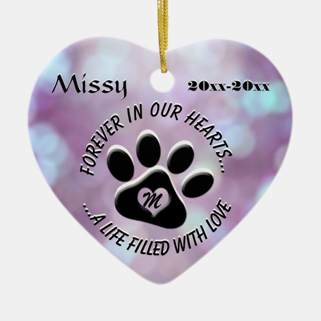 Monogram Pet Memorial Heart Ceramic Ornament (Front)