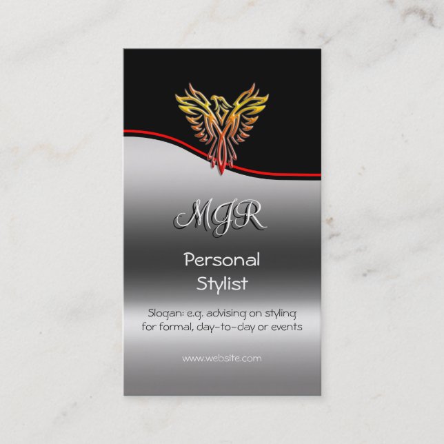 Monogram, Phoenix Personal Stylist, red swoosh Business Card (Front)
