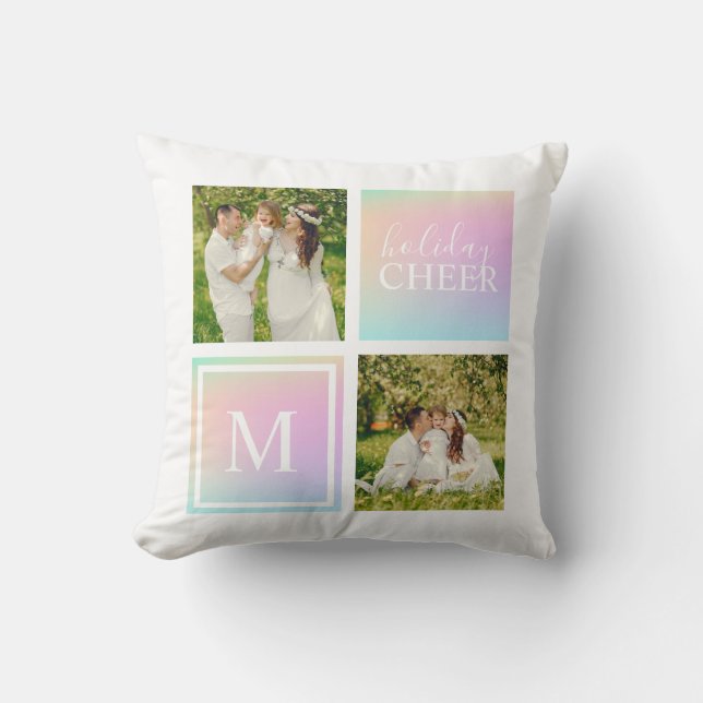 Monogram Photo Christmas Holiday Cheer Iridescent Cushion (Front)