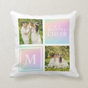 Monogram Photo Christmas Holiday Cheer Iridescent Cushion
