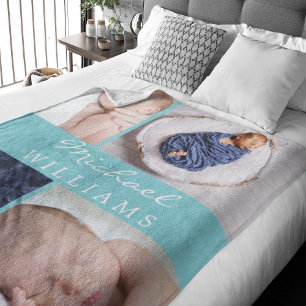 Monogram Photo Collage Aqua Blue Newborn Baby Fleece Blanket