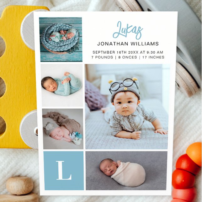Monogram Photo Collage Baby Boy Birth   Announcement (Creator Uploaded)