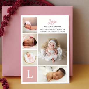 Monogram Photo Collage Baby Girl Birth  Announcement