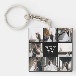 Monogram Photo Collage Black Gift Key Ring