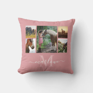 Monogram Photo Collage Blush Pink Horse Girl Cushion