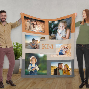 Monogram Photo Collage Burnt Orange Beige Charcoal Fleece Blanket