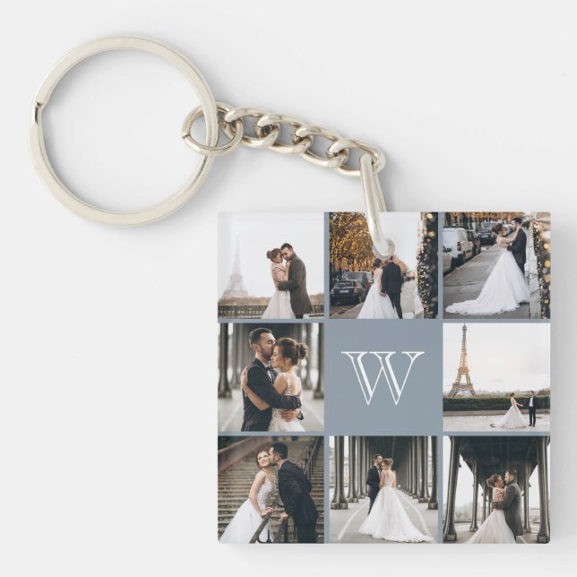 Monogram Photo Collage Dusty Blue Key Ring (Front)